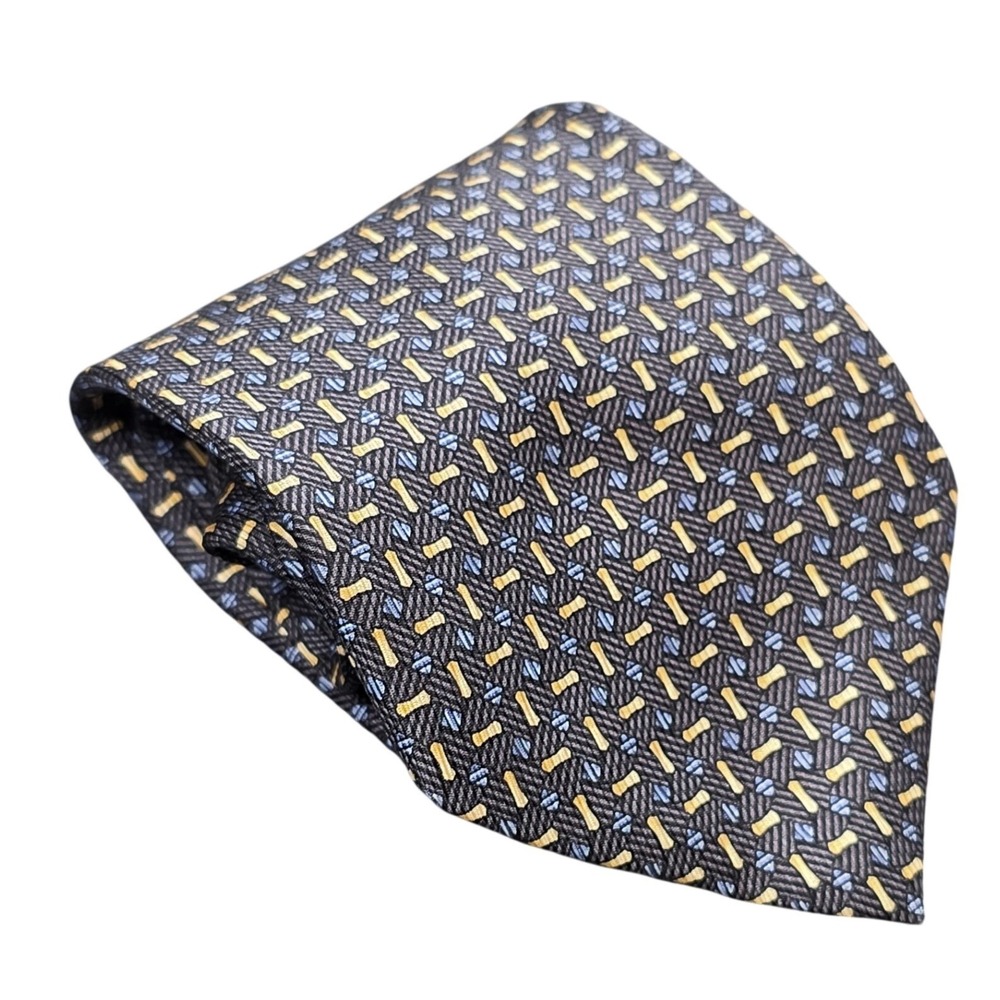 Vintage Nautica Silk Necktie Men's Navy Blue Gold Geometric Pattern Korea Made